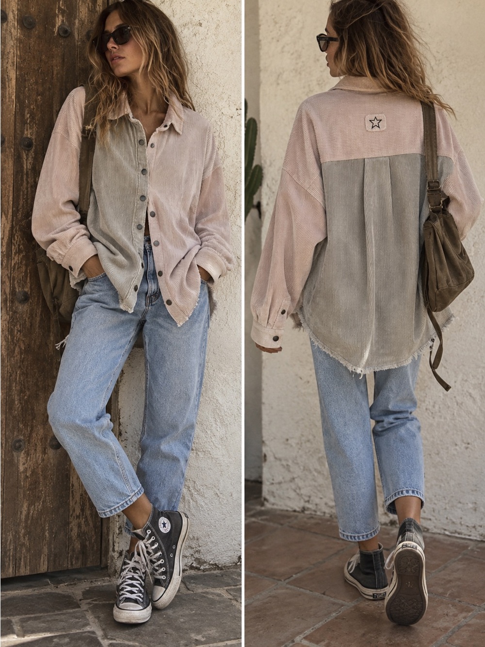 Casual Two-Tone Corduroy Shirt Jacket - Blush & Gray